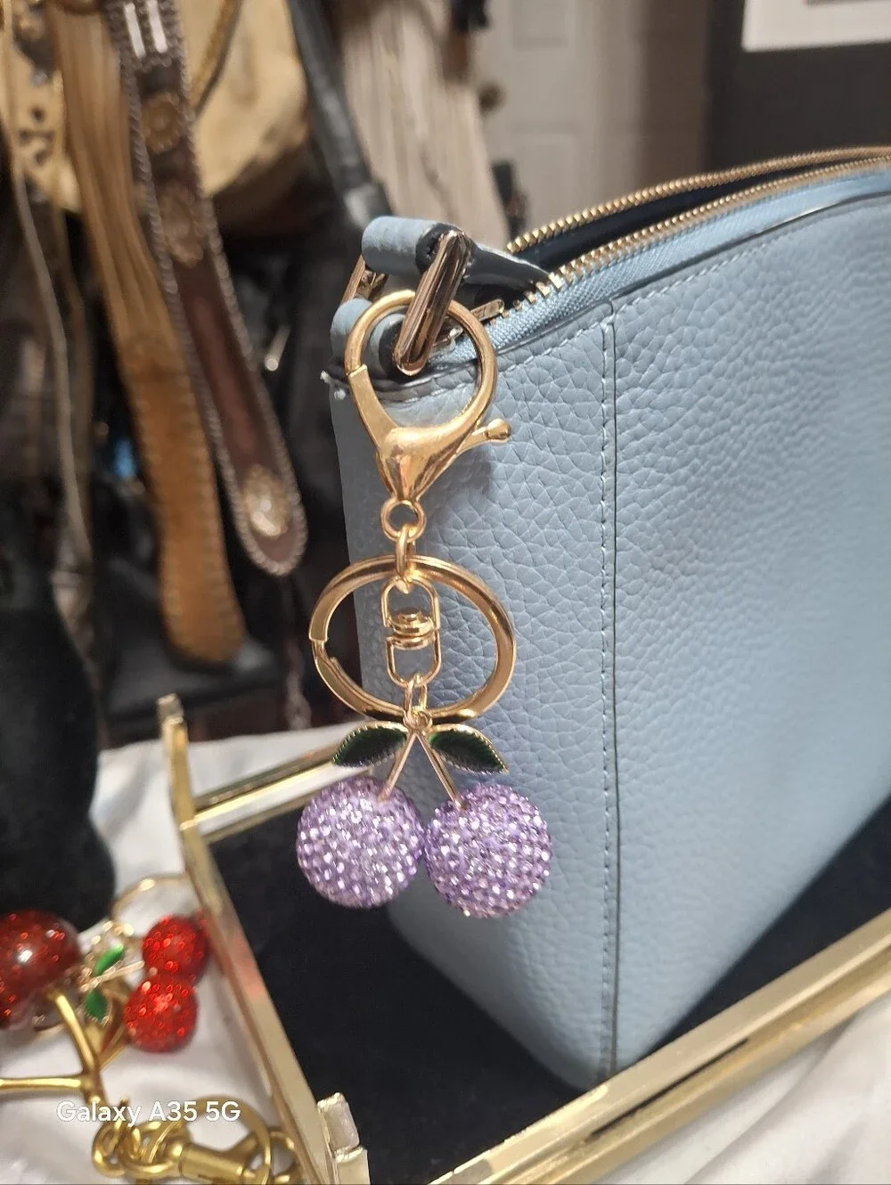 Cherry Sparking Bling bag charm Keyring New gold  Lavender Purple